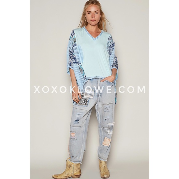 POL Blue Boho Print + Sheer Knit V Neck Rayon Jersey Top - Picture 7 of 9